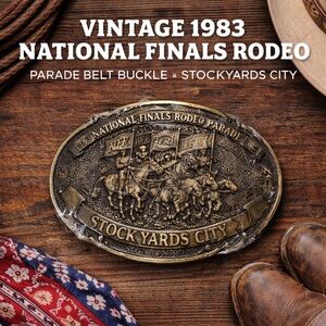 Vintage 1983 National Finals Rodeo Parade Buckle Stockyards City Solid Brass New